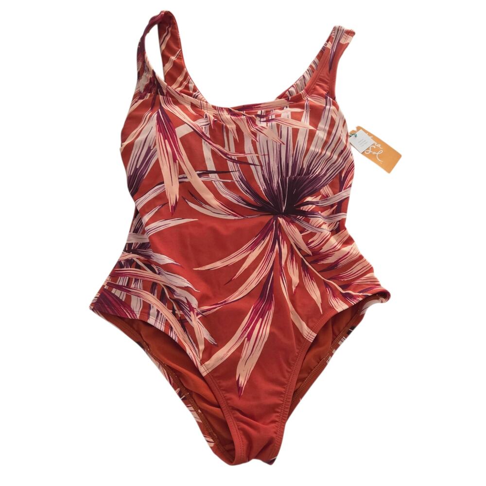 NEW Kona Sol SMALL Burnt Orange Tropical Floral Print One Piece Swimsuit